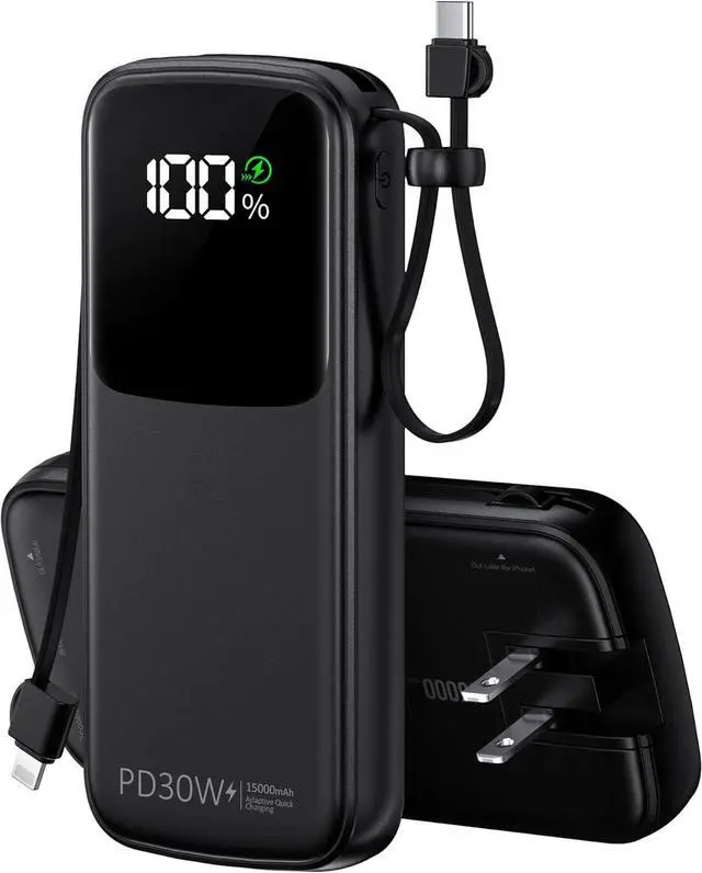 Main image of UYAYOHU Portable Charger, Power Bank, 15000mAh Battery Pack Fast Charging Lightweight, Built-in AC Wall Plug and 2 Output Cables with LED Display for iPhone15 14 13 12 11 Samsung iPad etc(Deep Black)