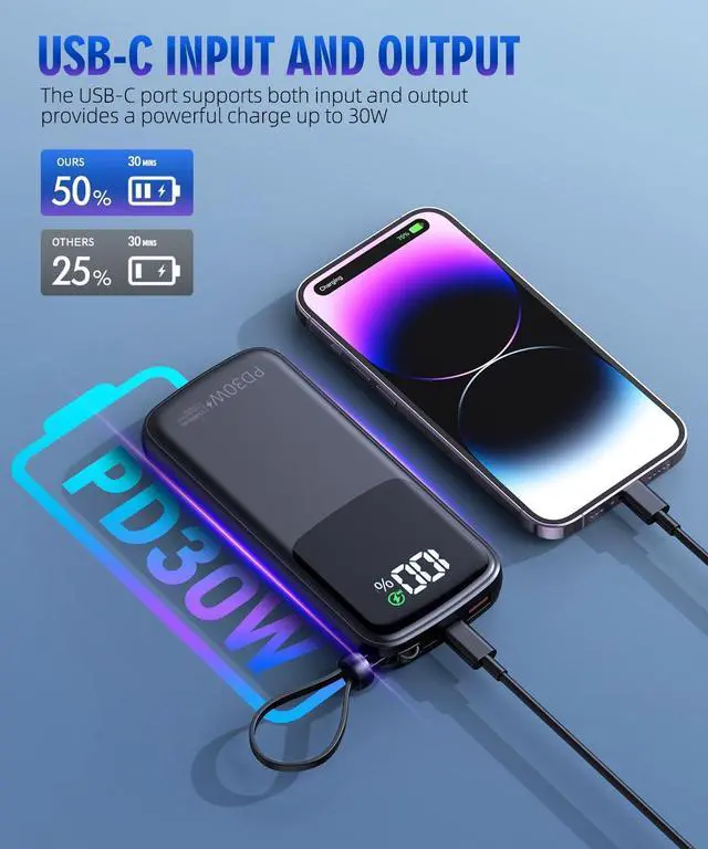 Alt view image 2 of 7 - UYAYOHU Portable Charger, Power Bank, 15000mAh Battery Pack Fast Charging Lightweight, Built-in AC Wall Plug and 2 Output Cables with LED Display for iPhone15 14 13 12 11 Samsung iPad etc(Deep Black)