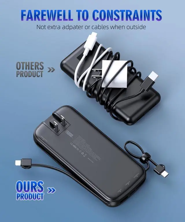 Alt view image 3 of 7 - UYAYOHU Portable Charger, Power Bank, 15000mAh Battery Pack Fast Charging Lightweight, Built-in AC Wall Plug and 2 Output Cables with LED Display for iPhone15 14 13 12 11 Samsung iPad etc(Deep Black)