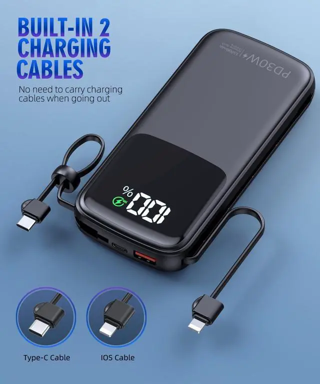 Alt view image 4 of 7 - UYAYOHU Portable Charger, Power Bank, 15000mAh Battery Pack Fast Charging Lightweight, Built-in AC Wall Plug and 2 Output Cables with LED Display for iPhone15 14 13 12 11 Samsung iPad etc(Deep Black)