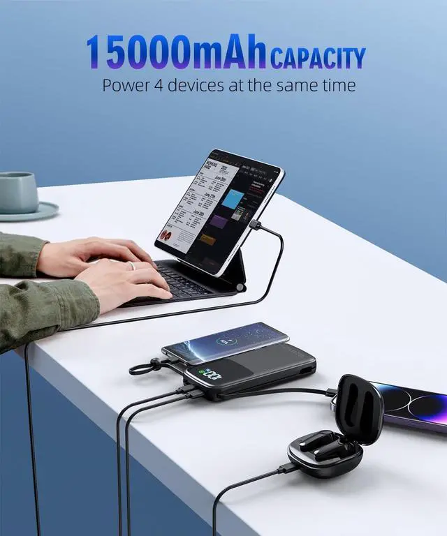 Alt view image 7 of 7 - UYAYOHU Portable Charger, Power Bank, 15000mAh Battery Pack Fast Charging Lightweight, Built-in AC Wall Plug and 2 Output Cables with LED Display for iPhone15 14 13 12 11 Samsung iPad etc(Deep Black)
