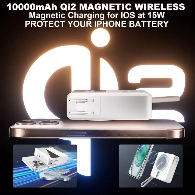 Alt view image 6 of 7 - Portable Charger Built in Cables 10,000mAh 4 in 1 Qi2 Certified Wireless Magnetic Power Bank 30W Fast Charging with Wall Plug Travel Power Bank Battery Pack for iPhone,iPad,SAMSUNG -With Travel Case