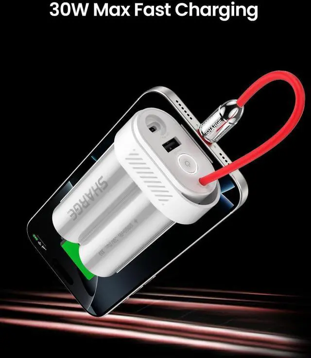 Alt view image 2 of 7 - Power Bank 10000mAh 30W Portable Charger with Built-in Type C Cable USB-C and USB-A Port Battery Pack for iPhone 16/15 Galaxy S24 iPad Pixel 9
