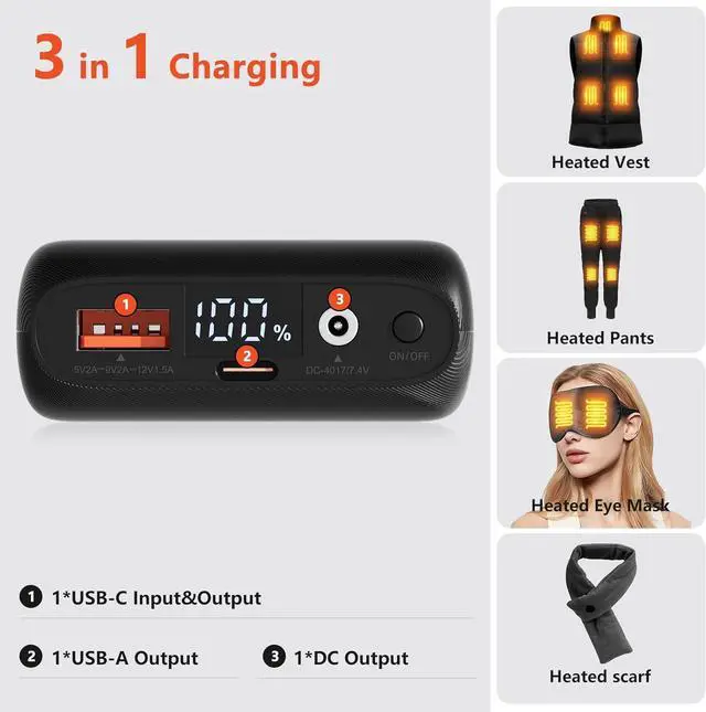 Alt view image 3 of 5 - 7.4v 16000mah Heated Vest Battery Pack for Wide Range of Heated Clothing, 7.4V/5V Rechargeable Power Bank USB/Type-C/DC Output for Heated Vest Jacket with LED Display