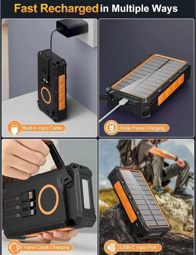 Alt view image 3 of 7 - Solar Charger Power Bank 36000mAh Built in Hand Crank and 3 Cables 15W Fast Wireless Charger Portable Power Bank 6 Outputs & 4 Inputs Solar Portable Charger Flashlights Compass