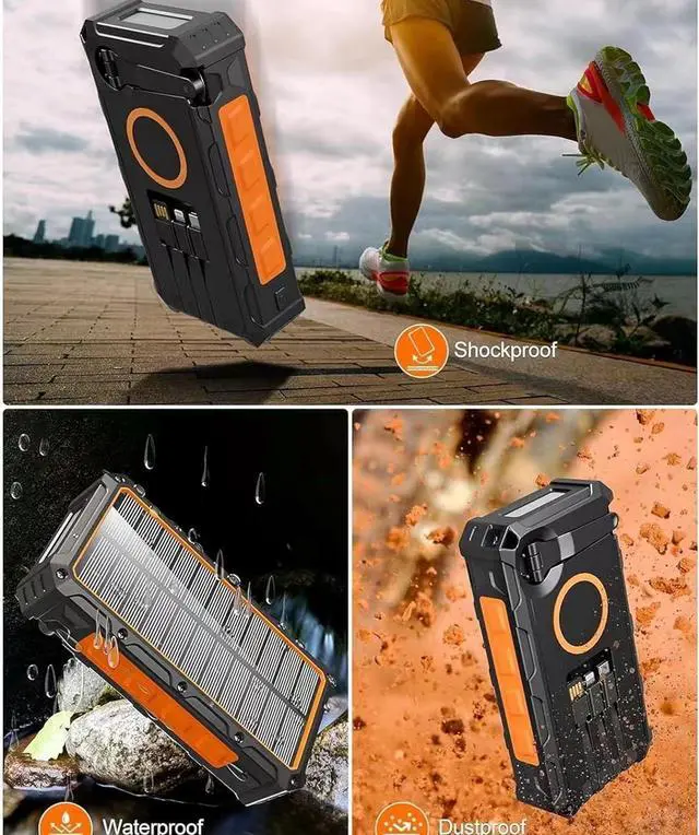 Alt view image 4 of 7 - Solar Charger Power Bank 36000mAh Built in Hand Crank and 3 Cables 15W Fast Wireless Charger Portable Power Bank 6 Outputs & 4 Inputs Solar Portable Charger Flashlights Compass