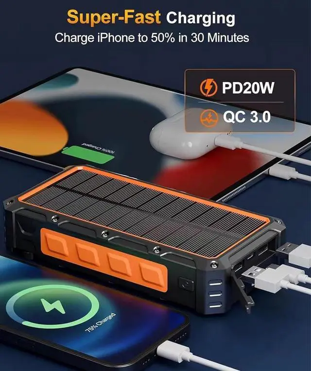 Alt view image 5 of 7 - Solar Charger Power Bank 36000mAh Built in Hand Crank and 3 Cables 15W Fast Wireless Charger Portable Power Bank 6 Outputs & 4 Inputs Solar Portable Charger Flashlights Compass