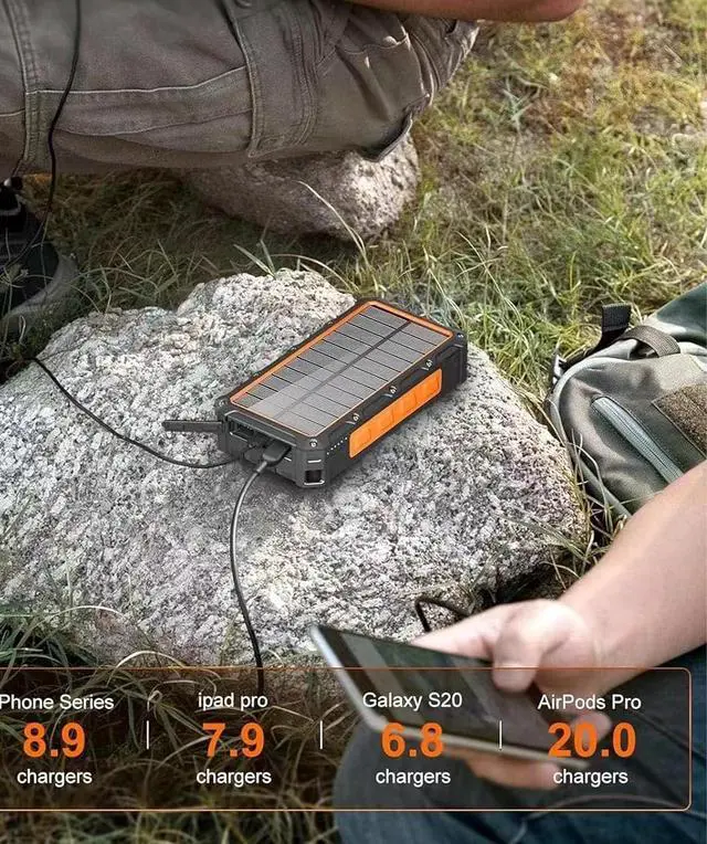 Alt view image 7 of 7 - Solar Charger Power Bank 36000mAh Built in Hand Crank and 3 Cables 15W Fast Wireless Charger Portable Power Bank 6 Outputs & 4 Inputs Solar Portable Charger Flashlights Compass