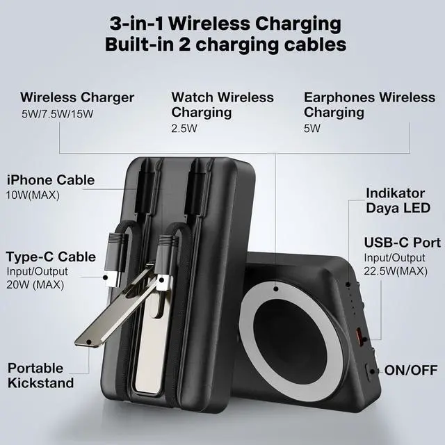 Alt view image 2 of 6 - Wireless Portable Charger, 3-in-1 Magnetic Power Bank 10000mAh with USB-C/iOS Cable and Stand, 22.5W Fast Charging Battery Pack, Compatible with iPhone 16/15/14/13/12/Pro/Mini/Pro Max