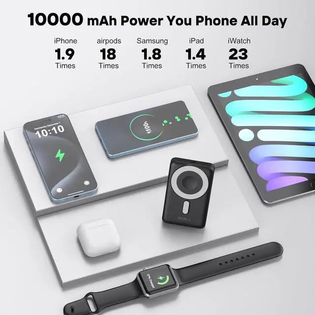Alt view image 4 of 6 - Wireless Portable Charger, 3-in-1 Magnetic Power Bank 10000mAh with USB-C/iOS Cable and Stand, 22.5W Fast Charging Battery Pack, Compatible with iPhone 16/15/14/13/12/Pro/Mini/Pro Max