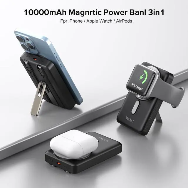 Alt view image 5 of 6 - Wireless Portable Charger, 3-in-1 Magnetic Power Bank 10000mAh with USB-C/iOS Cable and Stand, 22.5W Fast Charging Battery Pack, Compatible with iPhone 16/15/14/13/12/Pro/Mini/Pro Max