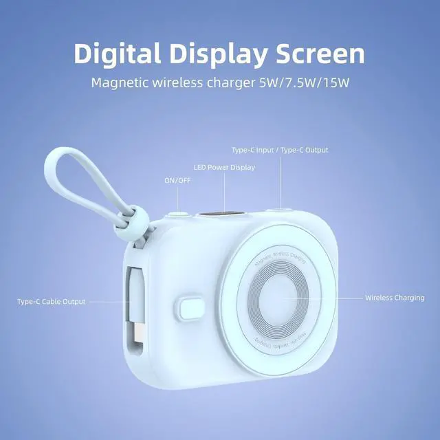 Alt view image 3 of 6 - Magnetic Battery Pack, 10000mAh Magnetic Power Bank, 22.5W PD Fast Charging Wireless Portable Charger with Type-C Cable LED Display, Compatible with iPhone 16/15/14/13/12 Series-Blue