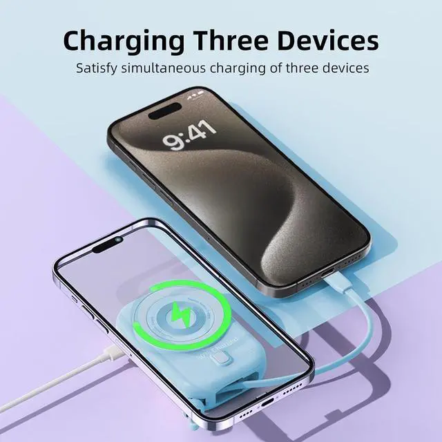 Alt view image 5 of 6 - Magnetic Battery Pack, 10000mAh Magnetic Power Bank, 22.5W PD Fast Charging Wireless Portable Charger with Type-C Cable LED Display, Compatible with iPhone 16/15/14/13/12 Series-Blue