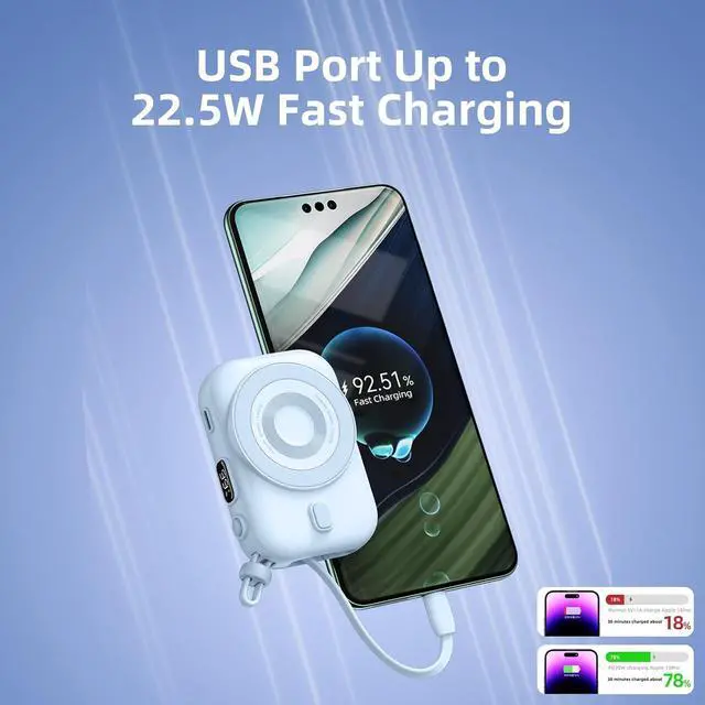 Alt view image 6 of 6 - Magnetic Battery Pack, 10000mAh Magnetic Power Bank, 22.5W PD Fast Charging Wireless Portable Charger with Type-C Cable LED Display, Compatible with iPhone 16/15/14/13/12 Series-Blue