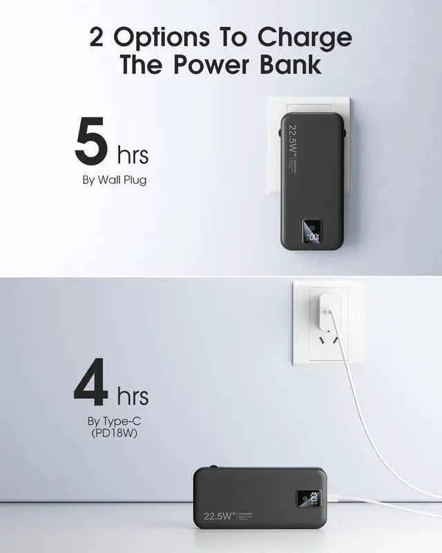 Alt view image 2 of 7 - Portable Charger Built-in Cables and AC Wall Plug, 12000mAh power Bank, USB C 22.5W Fast charging Phone Charger ,Compact Lightweight External Battery Pack for iPhones, iPad, SamsungTablets, etc.