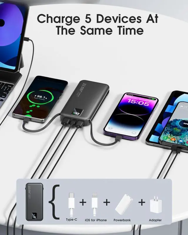 Alt view image 3 of 7 - Portable Charger Built-in Cables and AC Wall Plug, 12000mAh power Bank, USB C 22.5W Fast charging Phone Charger ,Compact Lightweight External Battery Pack for iPhones, iPad, SamsungTablets, etc.