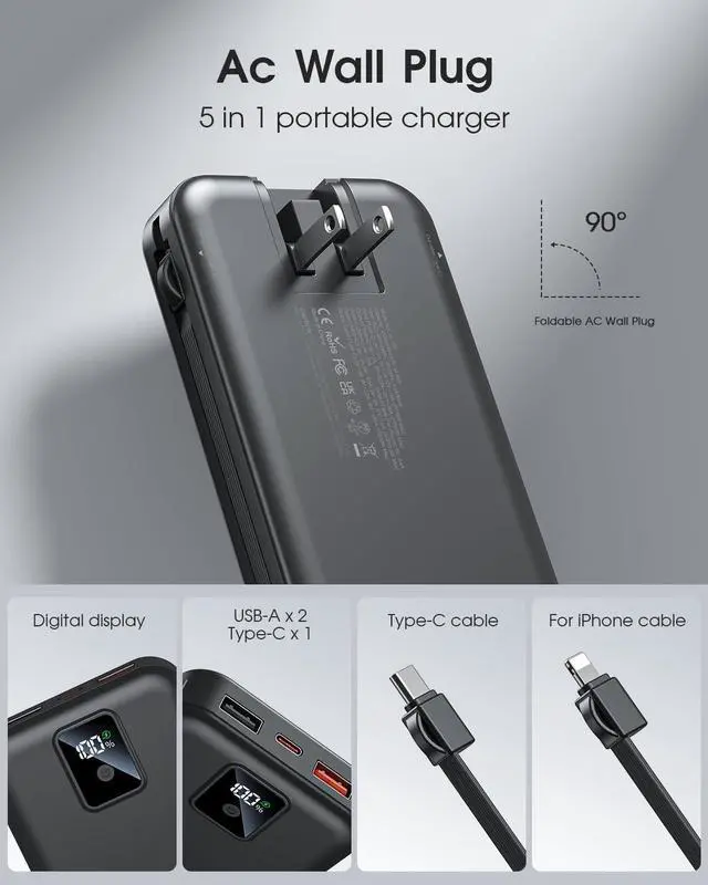 Alt view image 4 of 7 - Portable Charger Built-in Cables and AC Wall Plug, 12000mAh power Bank, USB C 22.5W Fast charging Phone Charger ,Compact Lightweight External Battery Pack for iPhones, iPad, SamsungTablets, etc.