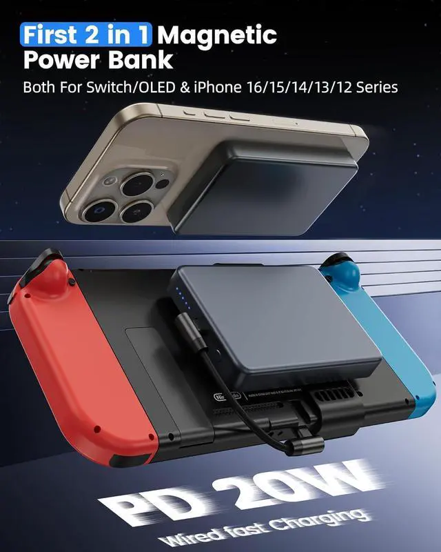Alt view image 2 of 7 - Antank 2 in 1 Magnetic Power Bank for Switch & iPhone 16, 10000mAh Wireless Portable Charger, 20W Fast Charging External Battery Pack for Switch/OLED/iPhone 16-12 (With Magnetic Clip & 2 USB-C Cables)