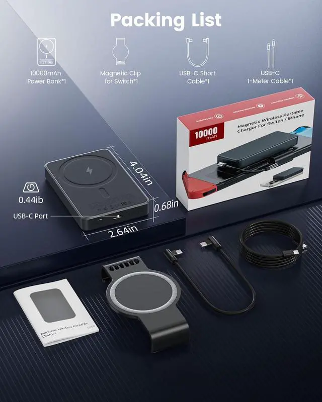 Alt view image 7 of 7 - Antank 2 in 1 Magnetic Power Bank for Switch & iPhone 16, 10000mAh Wireless Portable Charger, 20W Fast Charging External Battery Pack for Switch/OLED/iPhone 16-12 (With Magnetic Clip & 2 USB-C Cables)
