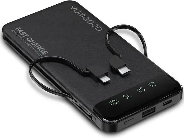 Main image of Portable Charger with Built-in Cables, Slimmest 10000mAh Fast Charging Power Bank, Dual USB C in&Out High-Speed Charging Battery Pack