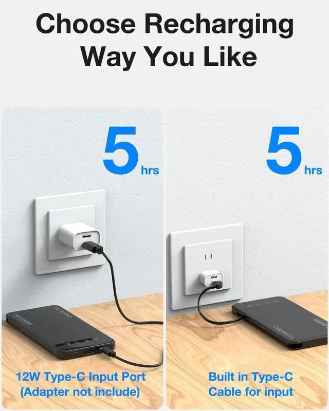 Alt view image 5 of 6 - Portable Charger with Built-in Cables, Slimmest 10000mAh Fast Charging Power Bank, Dual USB C in&Out High-Speed Charging Battery Pack