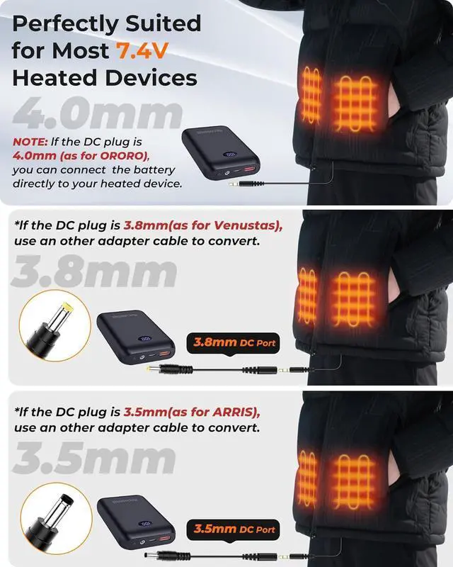 Alt view image 3 of 6 - Heated Vest Battery Pack 16000mAh 7.4V, Battery Pack for Heated Vest Compatible with ORORO and Venustas, Rechargeable Power Bank for Heated Vest, Heated Jacket with DC/USB/Type-C Output LED Display