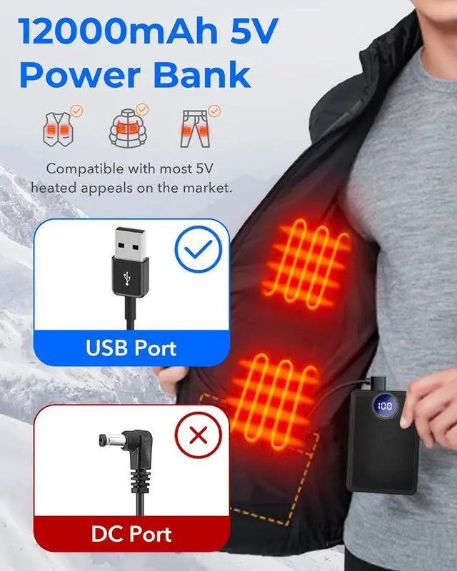 Alt view image 2 of 7 - Heated Vest Battery Pack, Rechargeable Power Bank with LED Display, Type-C Input, and Dual USB-A Output for Heated Apparel, Vest, Seat, Blanket and Jacket up to 10H