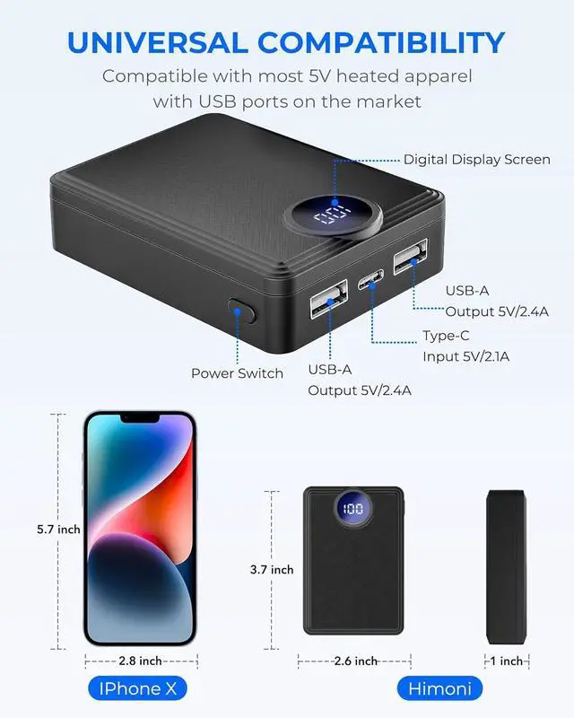 Alt view image 3 of 7 - Heated Vest Battery Pack, Rechargeable Power Bank with LED Display, Type-C Input, and Dual USB-A Output for Heated Apparel, Vest, Seat, Blanket and Jacket up to 10H
