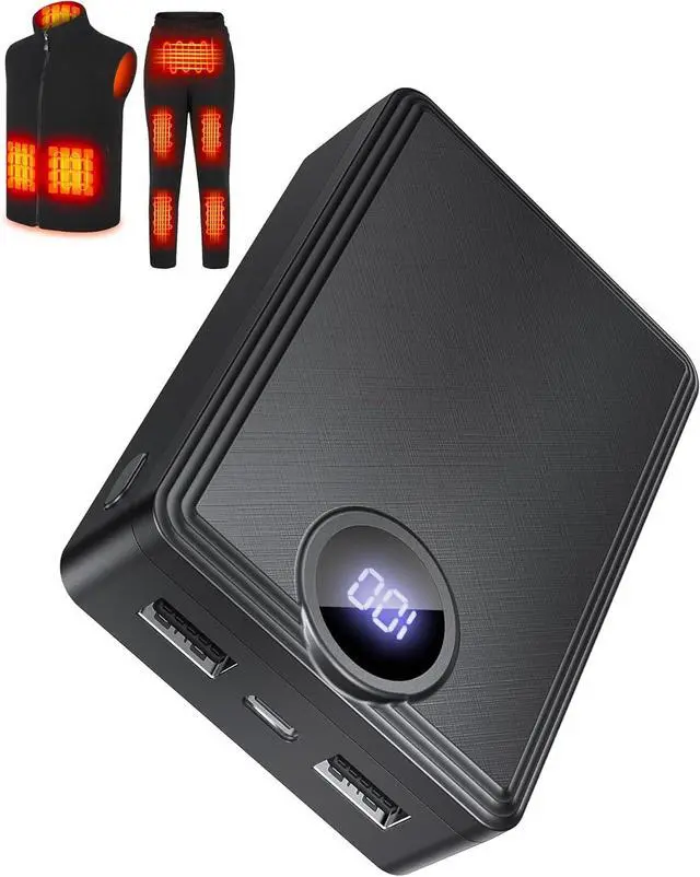 Main image of Heated Vest Battery Pack, Rechargeable Power Bank with LED Display, Type-C Input, and Dual USB-A Output for Heated Apparel, Vest, Seat, Blanket and Jacket up to 10H