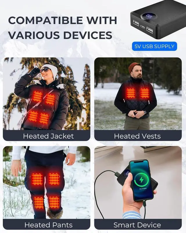 Alt view image 7 of 7 - Heated Vest Battery Pack, Rechargeable Power Bank with LED Display, Type-C Input, and Dual USB-A Output for Heated Apparel, Vest, Seat, Blanket and Jacket up to 10H