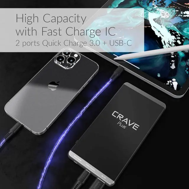Alt view image 3 of 7 - Crave Slim Power Bank, Plus Aluminum Portable Charger with 10000 mAh [Quick Charge QC 3.0 USB + Type C] External Battery Pack for iPhone, iPad, Samsung and More.