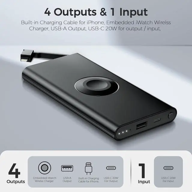 Alt view image 5 of 7 - Portable Charger with Built in Cable for iPhone 14/13/12/11/XS Pro/Max, 10000mAh Fast Charging Power Bank Battery Pack Powerbank Compatible with iPhone,Apple Watch,Samsung and Other Phones -Black