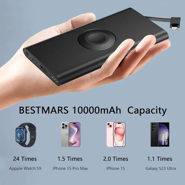 Alt view image 7 of 7 - Portable Charger with Built in Cable for iPhone 14/13/12/11/XS Pro/Max, 10000mAh Fast Charging Power Bank Battery Pack Powerbank Compatible with iPhone,Apple Watch,Samsung and Other Phones -Black