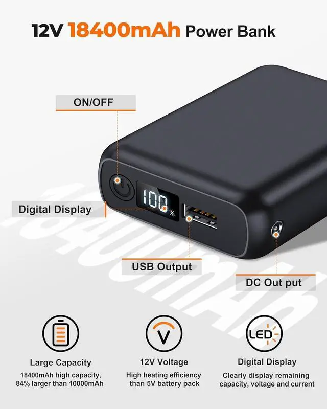 Alt view image 2 of 6 - 12V 18400mAh Heated Jacket Battery Pack, Battery Pack for Heated Jacket, Rechargeable Power Bank for Heated Jacket, Heated Pants with DC/USB/Type-C Output LED Display