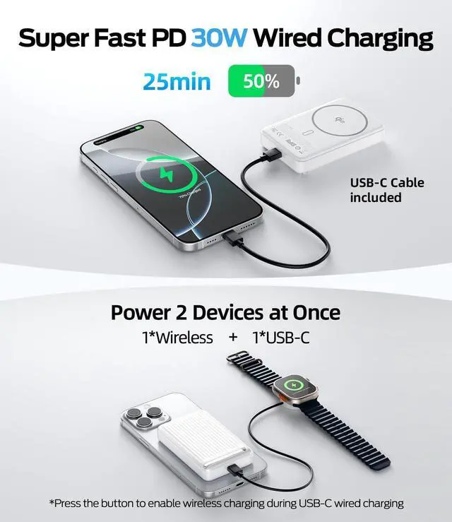 Alt view image 3 of 7 - MOVE SPEED Qi2 Certified MagSafe Battery Pack, 10,000mAh 15W Ultra-Fast Charging Portable Charger with Kickstand, Ergonomic Design, 30W USB-C Magnetic Power Bank for iPhone 16/15/14/13/12, White