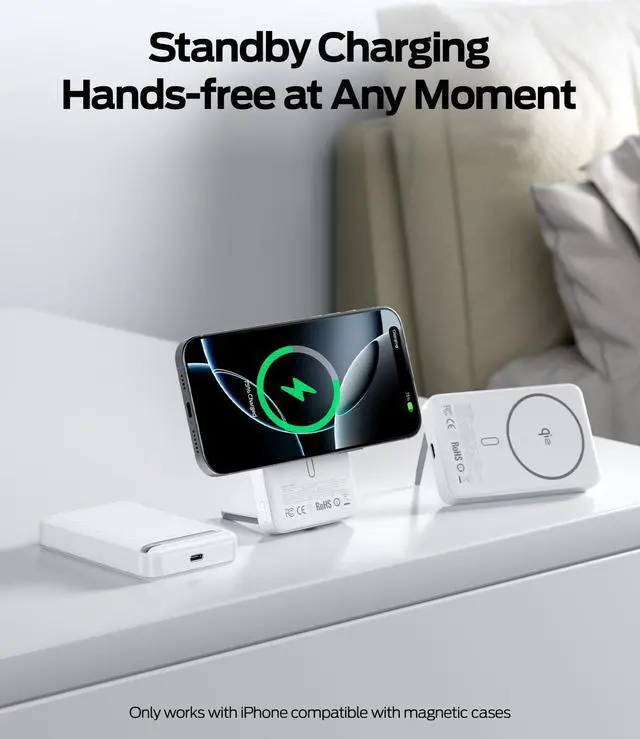 Alt view image 5 of 7 - MOVE SPEED Qi2 Certified MagSafe Battery Pack, 10,000mAh 15W Ultra-Fast Charging Portable Charger with Kickstand, Ergonomic Design, 30W USB-C Magnetic Power Bank for iPhone 16/15/14/13/12, White
