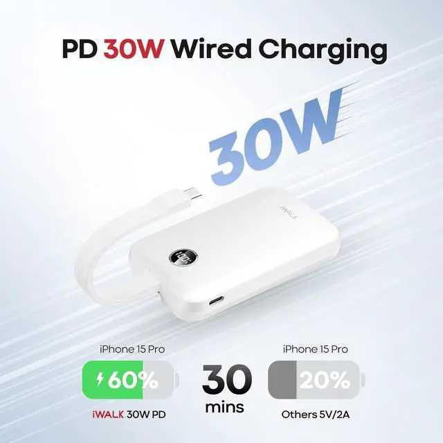Alt view image 2 of 7 - iWALK Magnetic Power Bank 10000mAh, 30W Wireless Portable Charger with Fast Charging USB-C Cable,Qi2 Certified 15W Battery Pack with LED Display for iPhone 16/16 Pro/15/14/13/12 Series, Samsung Galaxy