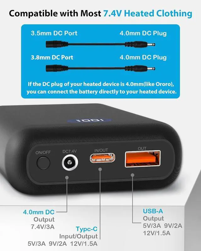 Alt view image 2 of 6 - 16000mAh Heated Vest Battery Pack Compatible with ORORO and Venustas, 7.4V Battery Pack for Heated Vest with 2 Adapter Cable, Power Bank for Heated Vest, Jacket, Pants(No for 5V Heated Devices)