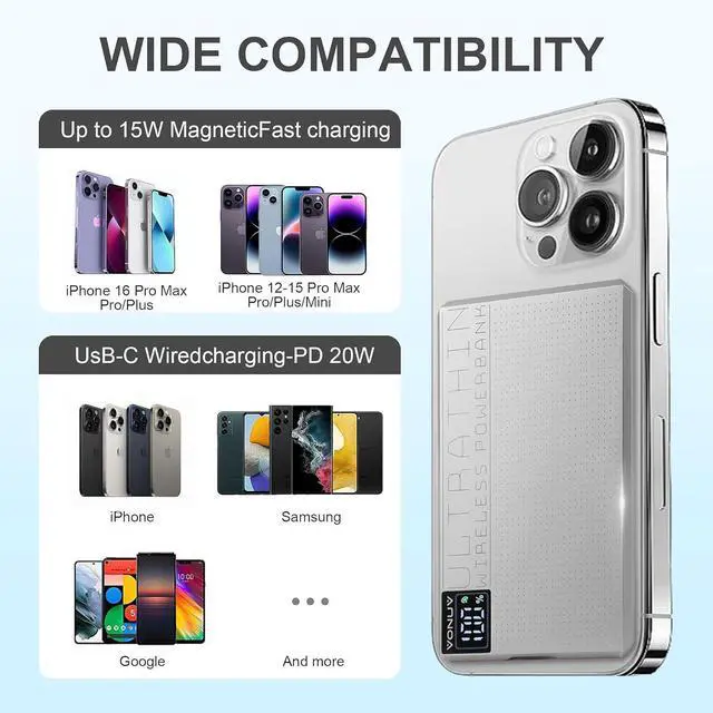 Alt view image 6 of 6 - Magnetic Portable Charger 5000mAh with 15W Wireless & 20W PD Fast Charging,Ultra-Slim Travel-Ready Design,LED Display & Premium Metal Shell,Compatible with iPhone 16/15/14/13 Pro/Pro Max/Plus