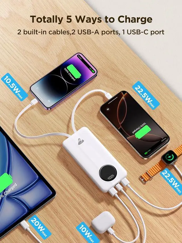 Alt view image 4 of 6 - Aioneus Power Bank, 10000mAh Portable Charger with Built in Cables Fast Charging 22.5W USB-C in/Out Slim Travel PowerBank Battery Pack for iPhone 16 15 14 13 12 Samsung Galaxy S24 A15 Android Phone