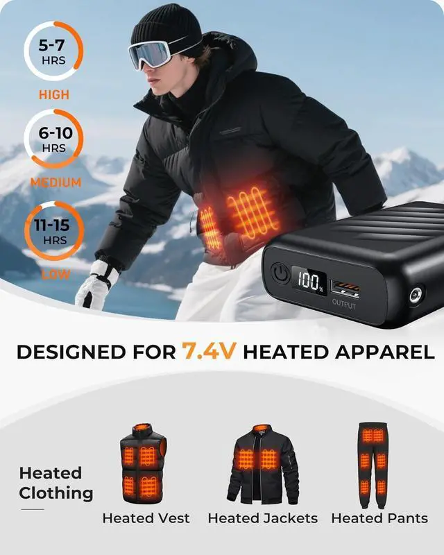 Alt view image 2 of 7 - 20000mAh 7.4V Heated Vest Battery Pack Compatible with ORORO and Venustas, Battery for Heated Vest with LED Display and 2 Adapter Cable, Power Bank for Heated Vest, Jacket(No for 5V Heated Device)