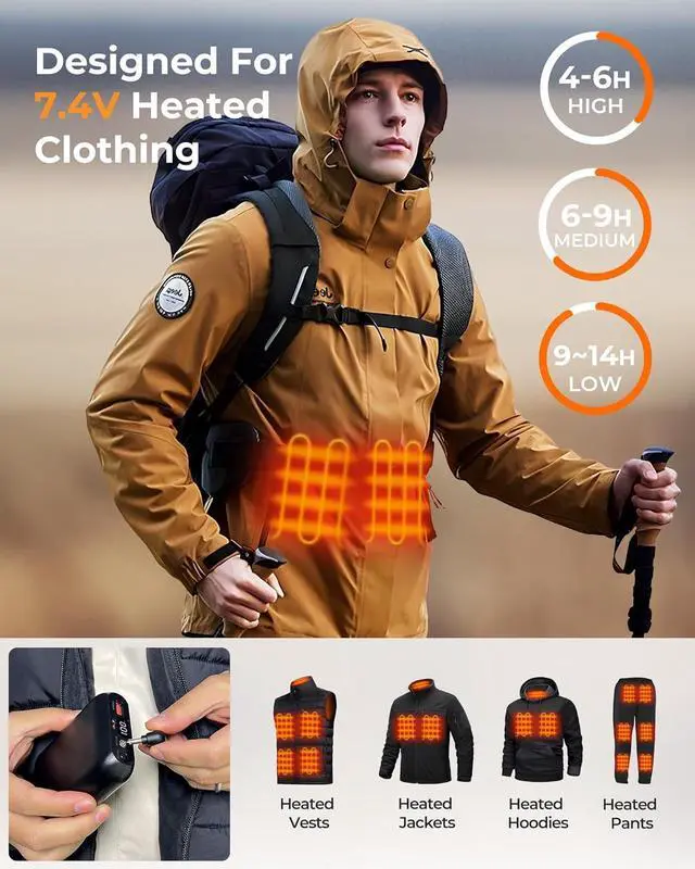 Alt view image 2 of 6 - Glaais 7.4V 16000mAh Heated Vest Battery Pack Compatible with ORORO and Venustas, Portable LED Display Battery Pack for Heated Vest, Rechargeable Power Bank for Heated Vests, Jackets, Pants