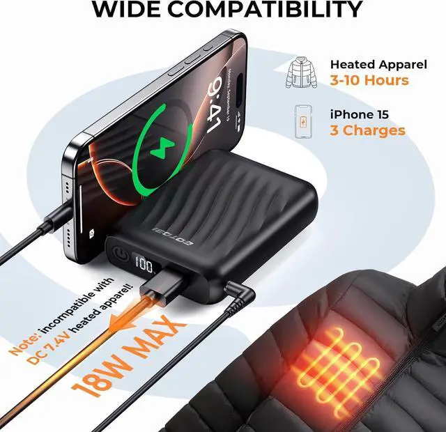 Alt view image 3 of 7 - Heated Jacket Battery Pack - Power Bank with LED Display and 2 Adapter Cables for Wulcea, ULUSERN, Genovega, and Other Outdoor Heating Coat
