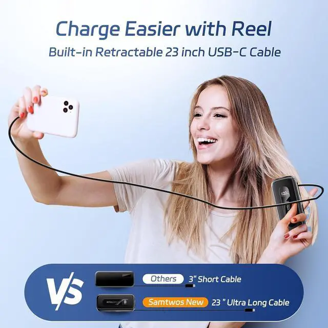 Alt view image 3 of 7 - SAMTWOS Portable Charger 10000mAh,PD 30W Fast Charging Power Bank Built-in 1.9ft Retractable USB-C Cable for Travel,2 Output Battery Pack for iPhone 16/15 Series, Galaxy, iPad, and More (Black)