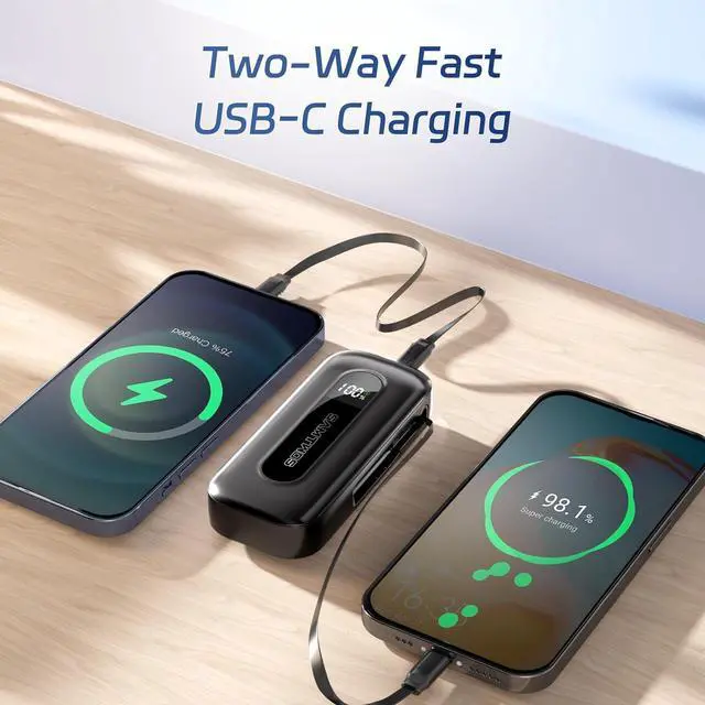 Alt view image 4 of 7 - SAMTWOS Portable Charger 10000mAh,PD 30W Fast Charging Power Bank Built-in 1.9ft Retractable USB-C Cable for Travel,2 Output Battery Pack for iPhone 16/15 Series, Galaxy, iPad, and More (Black)
