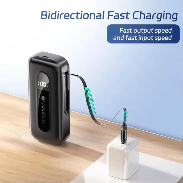 Alt view image 5 of 7 - SAMTWOS Portable Charger 10000mAh,PD 30W Fast Charging Power Bank Built-in 1.9ft Retractable USB-C Cable for Travel,2 Output Battery Pack for iPhone 16/15 Series, Galaxy, iPad, and More (Black)