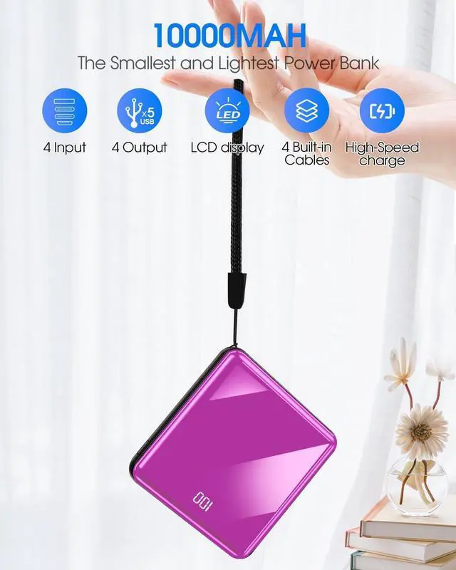 Alt view image 2 of 7 - KLL Power Bank with Built in Cables, 10000mAh Slim Portable Charger LED Display, Small External Battery Pack with 4 Inputs and 5 Outputs Phone Charger for iPhone Samsung Huawei iPad etc (Purple)