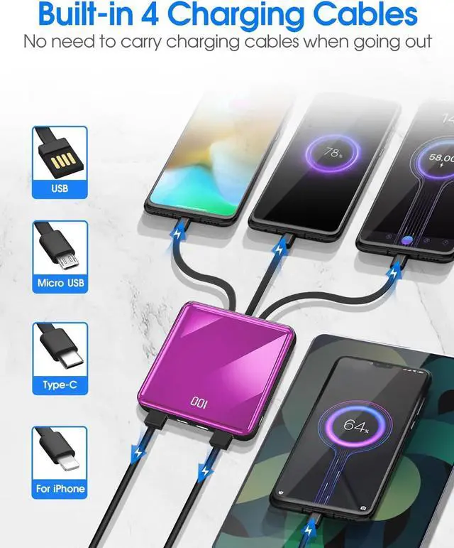 Alt view image 4 of 7 - KLL Power Bank with Built in Cables, 10000mAh Slim Portable Charger LED Display, Small External Battery Pack with 4 Inputs and 5 Outputs Phone Charger for iPhone Samsung Huawei iPad etc (Purple)