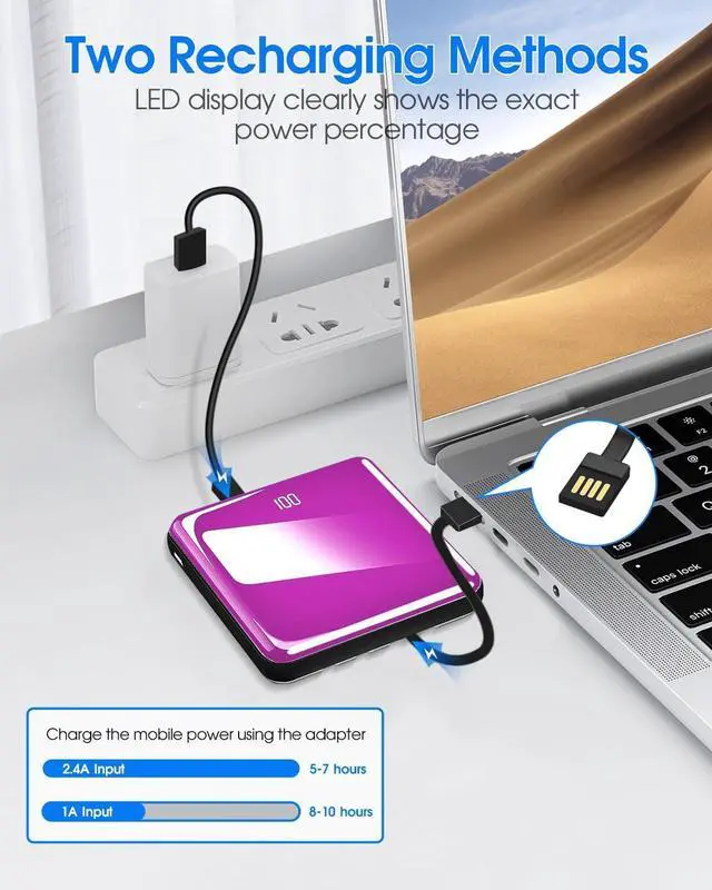 Alt view image 6 of 7 - KLL Power Bank with Built in Cables, 10000mAh Slim Portable Charger LED Display, Small External Battery Pack with 4 Inputs and 5 Outputs Phone Charger for iPhone Samsung Huawei iPad etc (Purple)