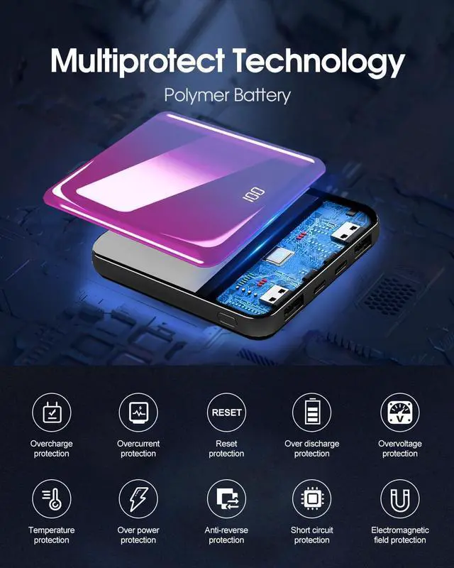 Alt view image 7 of 7 - KLL Power Bank with Built in Cables, 10000mAh Slim Portable Charger LED Display, Small External Battery Pack with 4 Inputs and 5 Outputs Phone Charger for iPhone Samsung Huawei iPad etc (Purple)